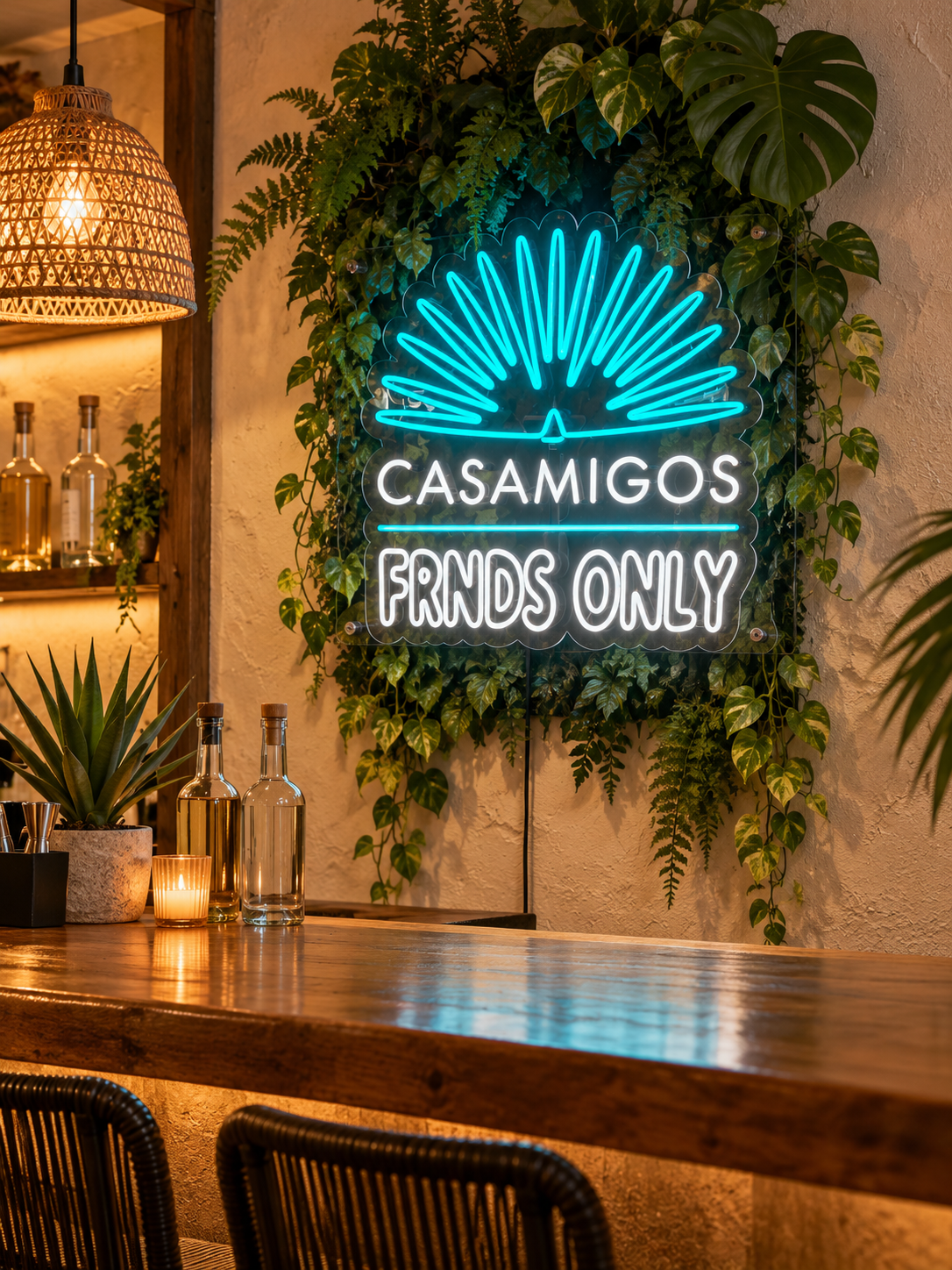 AI-rendered Casamigos turquoise and white neon above a wooden bar